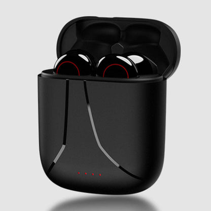 Black wireless earbuds seated in open charging case