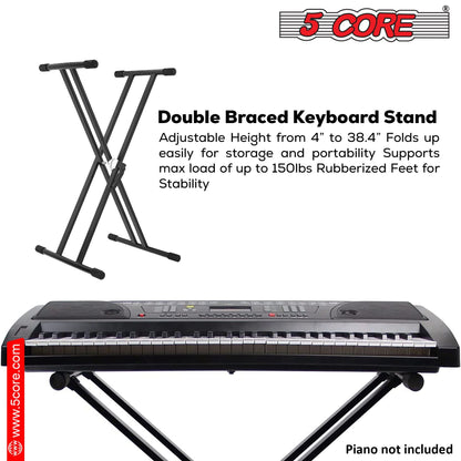 5 CORE Piano Keyboard Stand Double X Style Heavy Duty Adjustable Digital Electric Piano Riser Durable & Sturdy Music Synthesizer Holder Stands For Upto 88 Keys w Secure Locking Strap - KS 2X GEAR