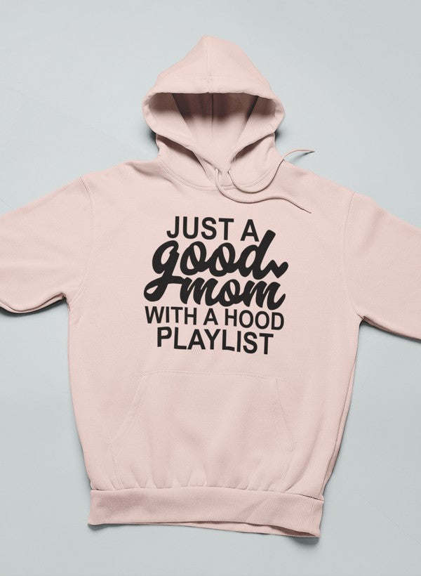 Light pink pullover hoodie, large hood, and bold front graphic