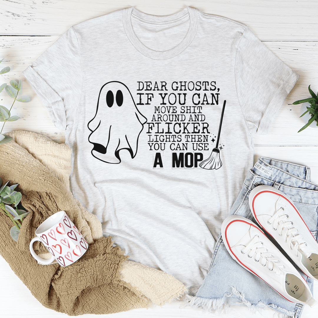 Light gray crew neck T-shirt with Halloween ghost graphic front print
