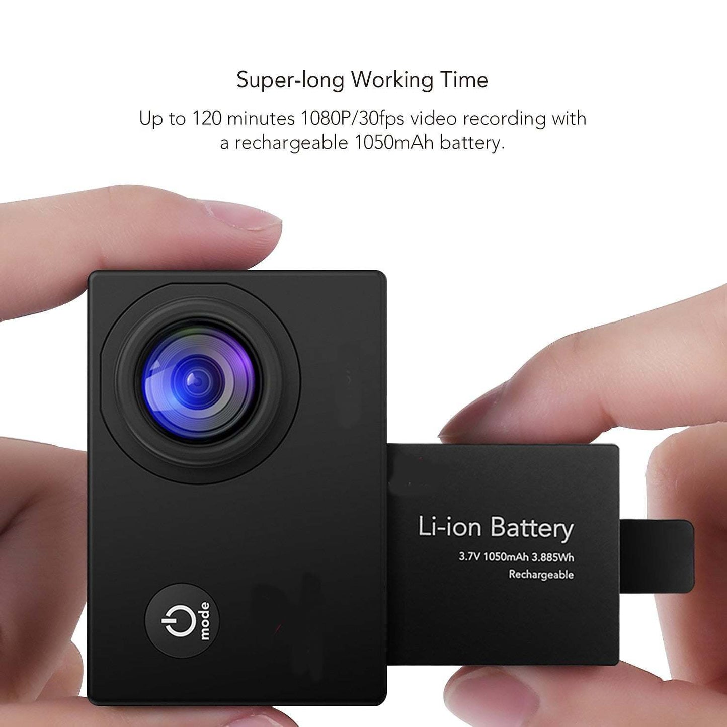 Black action camera with lens, shown with rechargeable Li-ion battery pack