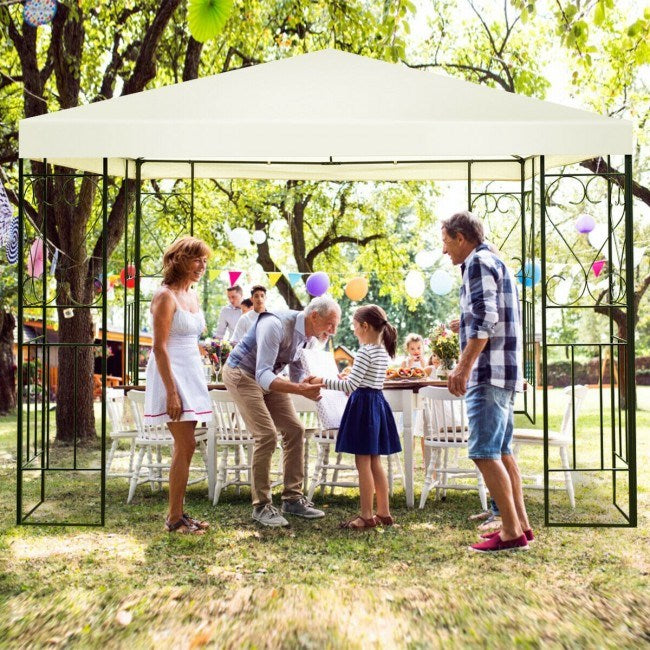 Cream canopy patio gazebo tent with black steel frame and open side panels