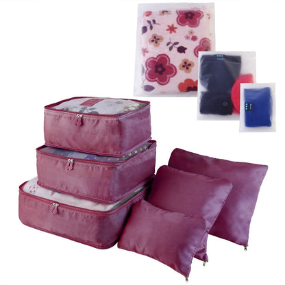 Water-resistant packing cube set in burgundy with patterned top cubes and zippered pouches.