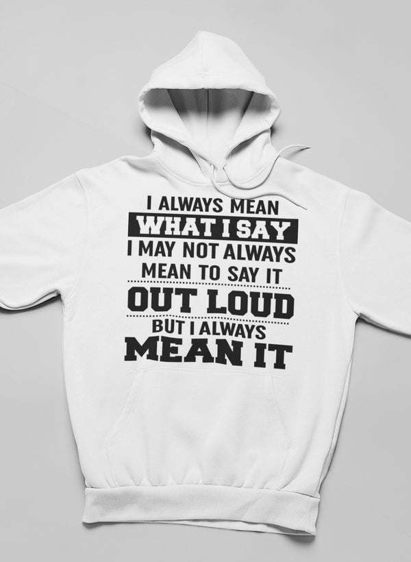 White hoodie with large back text graphic, front pocket and hood