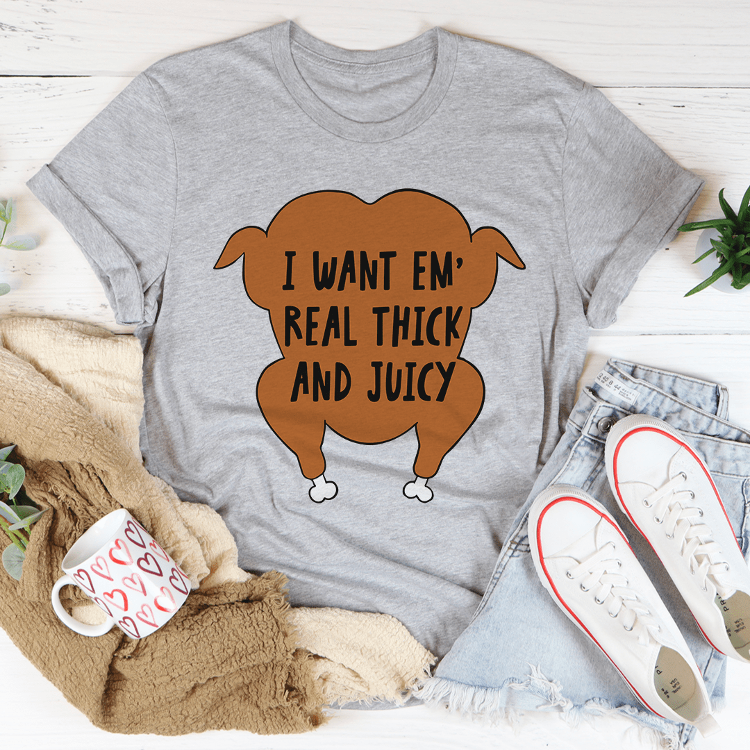 Heather gray crew-neck T-shirt with center brown cartoon 'REAL THICK AND JUICY' print