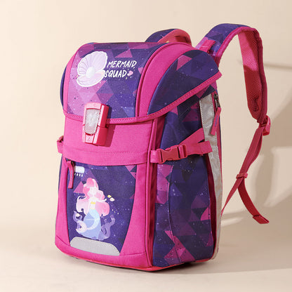 Children's pink school backpack with mermaid graphic, front buckle and shoulder straps