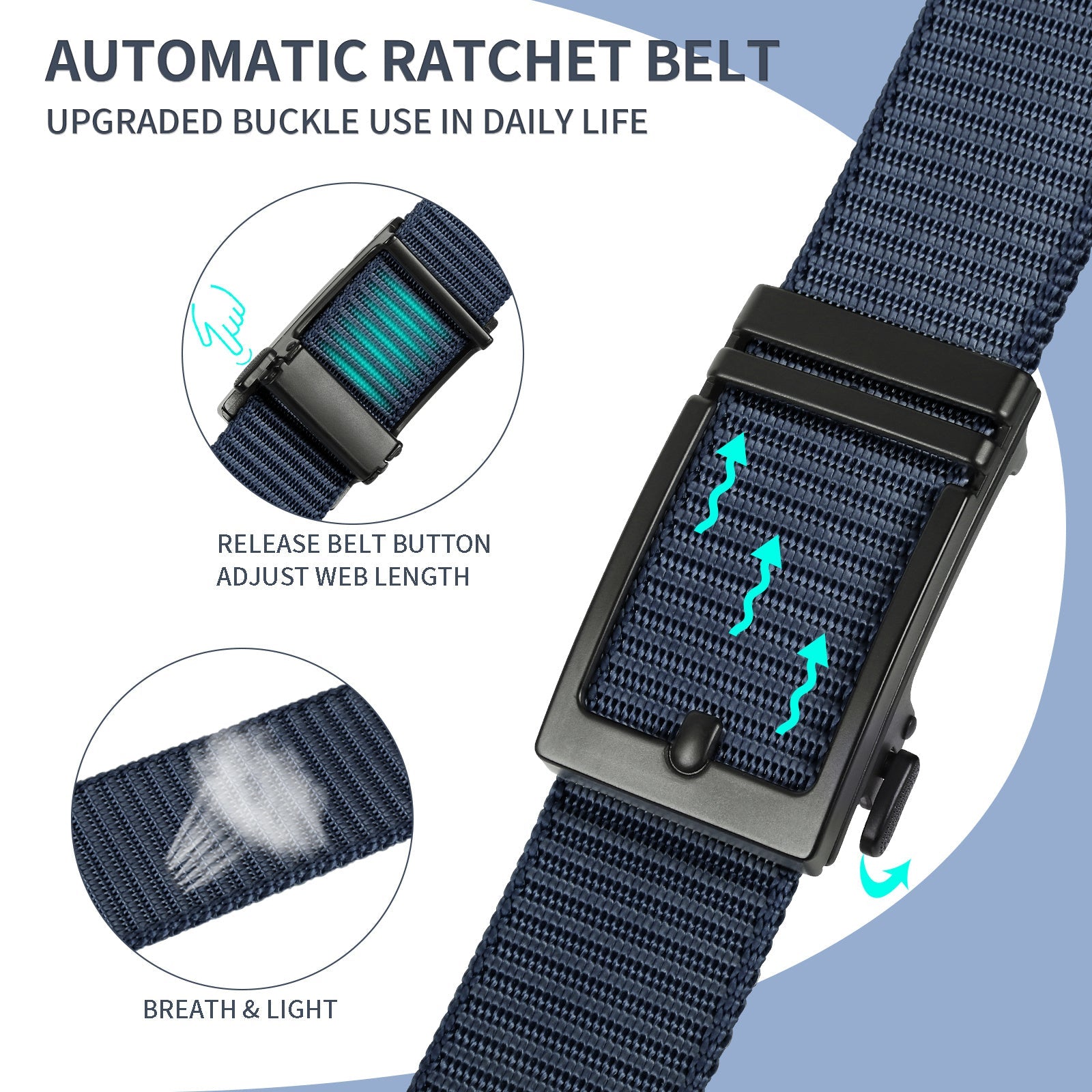 Blue nylon ratchet belt with black buckle and release button, close-up