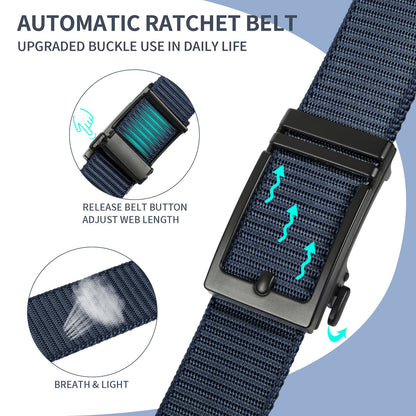 Blue nylon ratchet belt with black buckle and release button, close-up