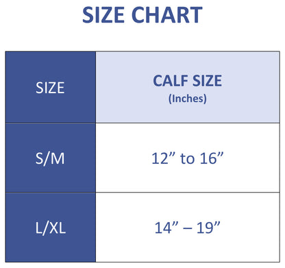Calf size chart table: S/M 12–16 in, L/XL 14–19 in measurements
