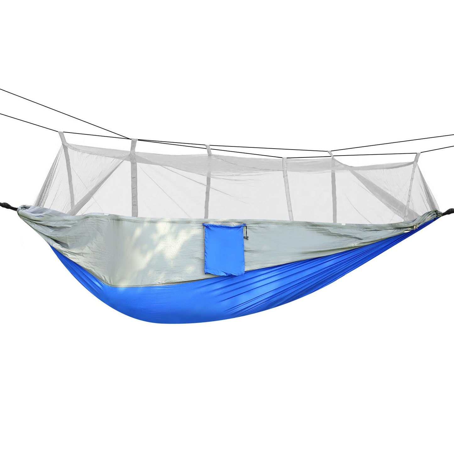 Blue and gray mosquito-net hammock swing with straps and hanging rope kit shown on white