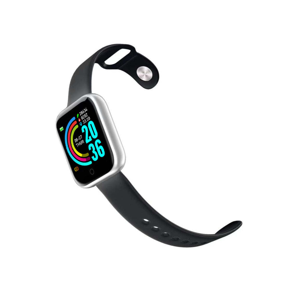 Activa smart watch with black strap and silver case, screen with colorful activity ring.