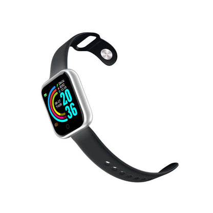 Activa smart watch with black strap and silver case, screen with colorful activity ring.