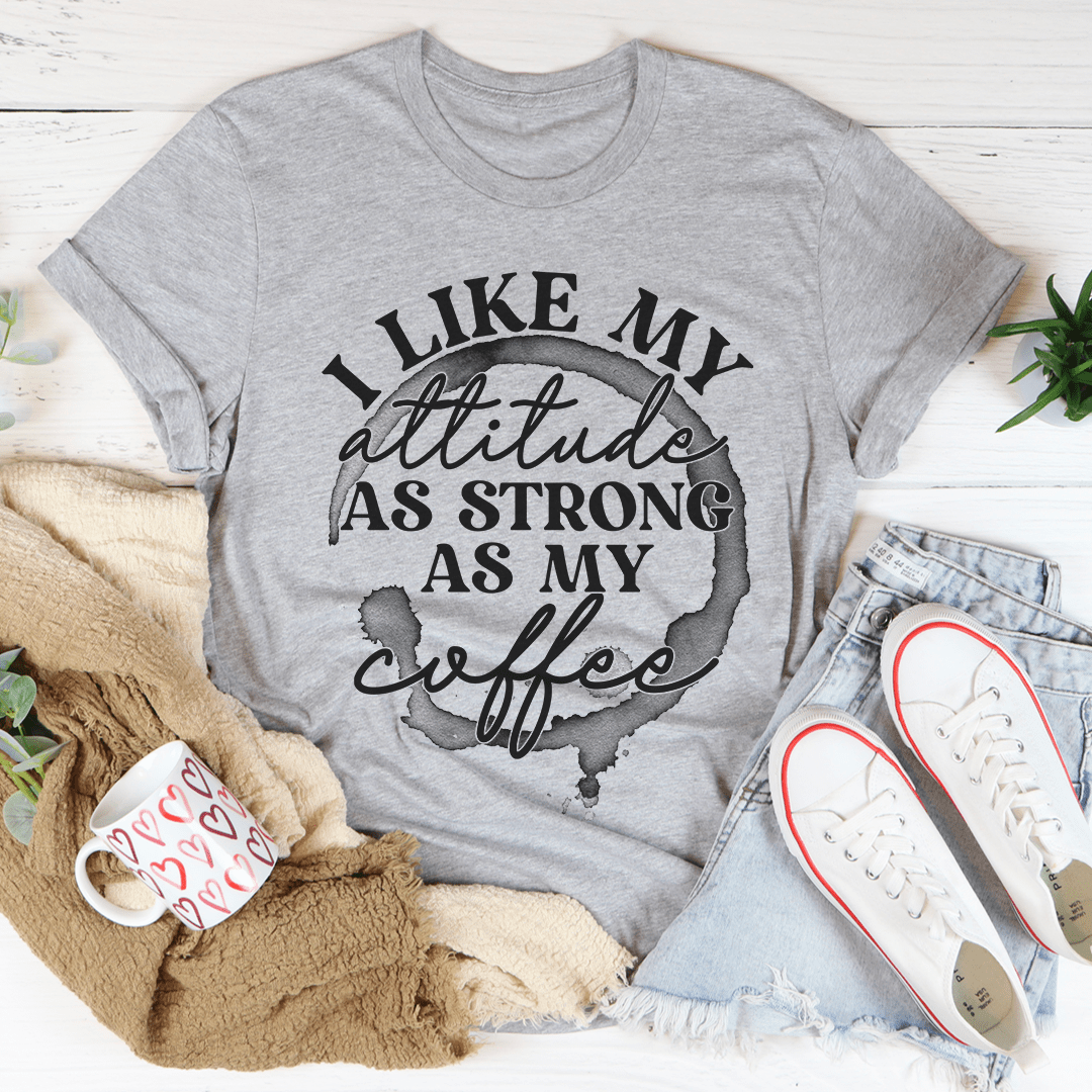 Gray crewneck T-shirt with coffee attitude quote graphic centered on chest