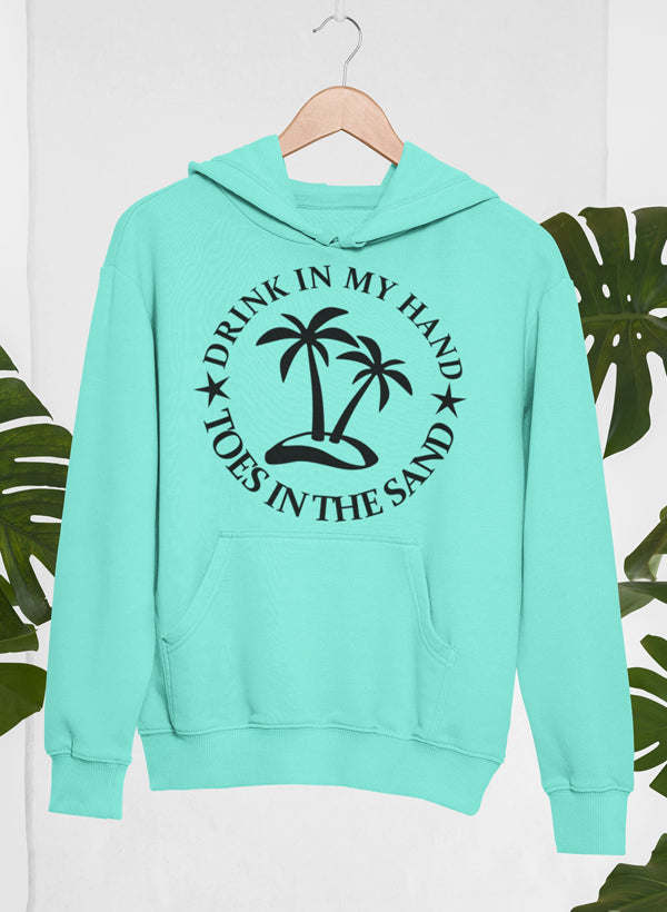 Turquoise hoodie with hood and kangaroo pocket, palm tree graphic with arched text.