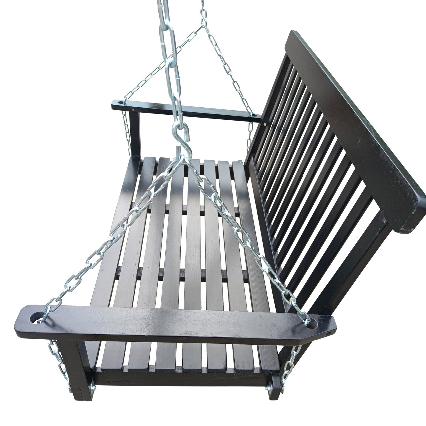 Black wood bench swing with slatted back, armrests, and chain suspension.