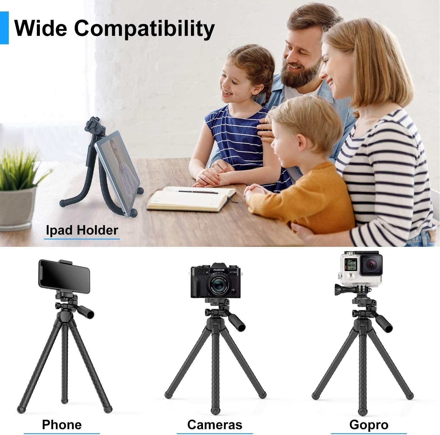 Black universal tripod with phone holder and camera mount attachment