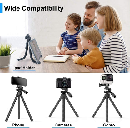 Black universal tripod with phone holder and camera mount attachment