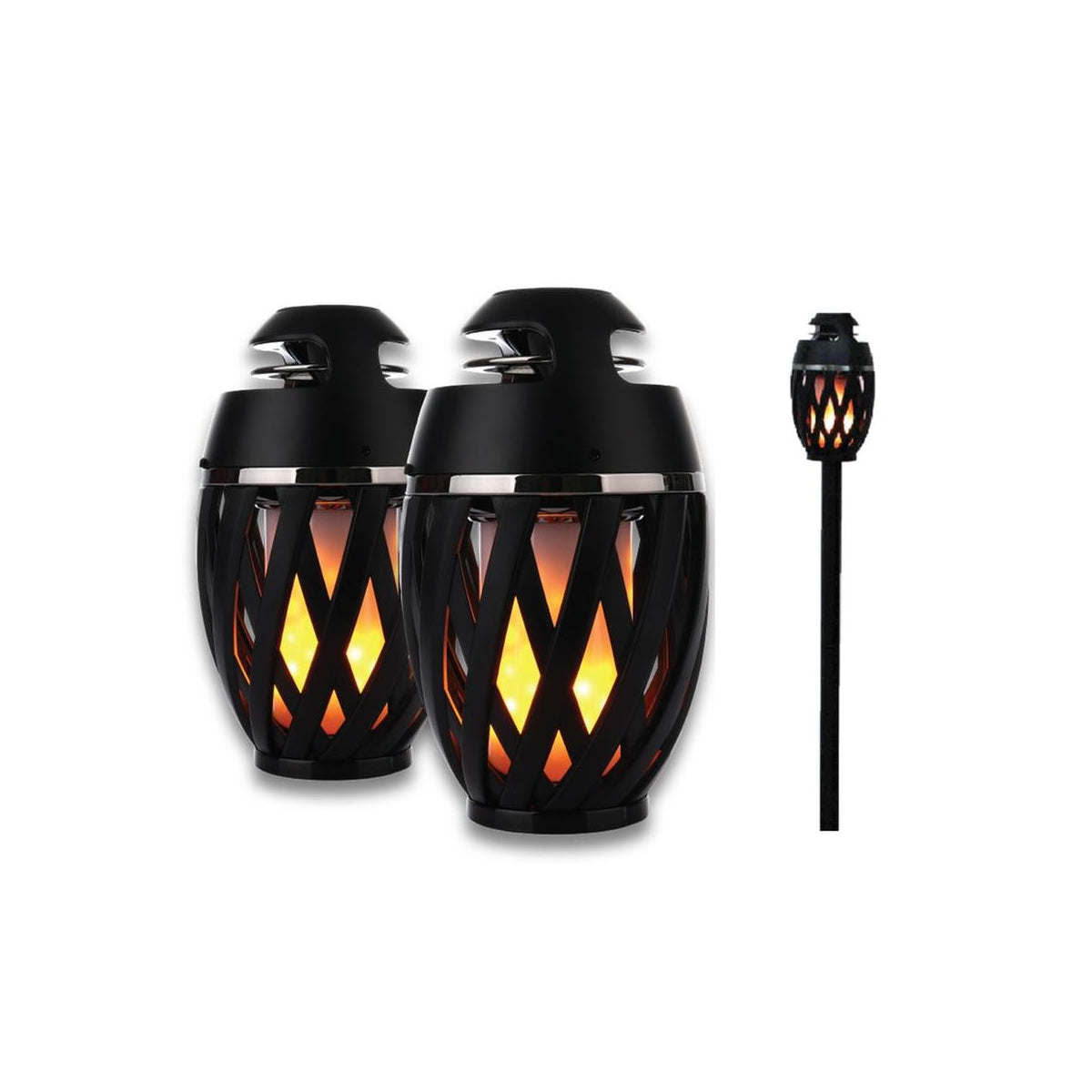 Outdoor LED torch speaker, two black flame lanterns plus a single stake torch with glowing amber.
