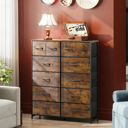 Tall Dresser for Bedroom with 12 Drawers, Dressers & Chests of Drawers, Fabric Dresser for Closet, Living Room, Storage Dressers with Storage Drawers, Steel Frame, Wood Top