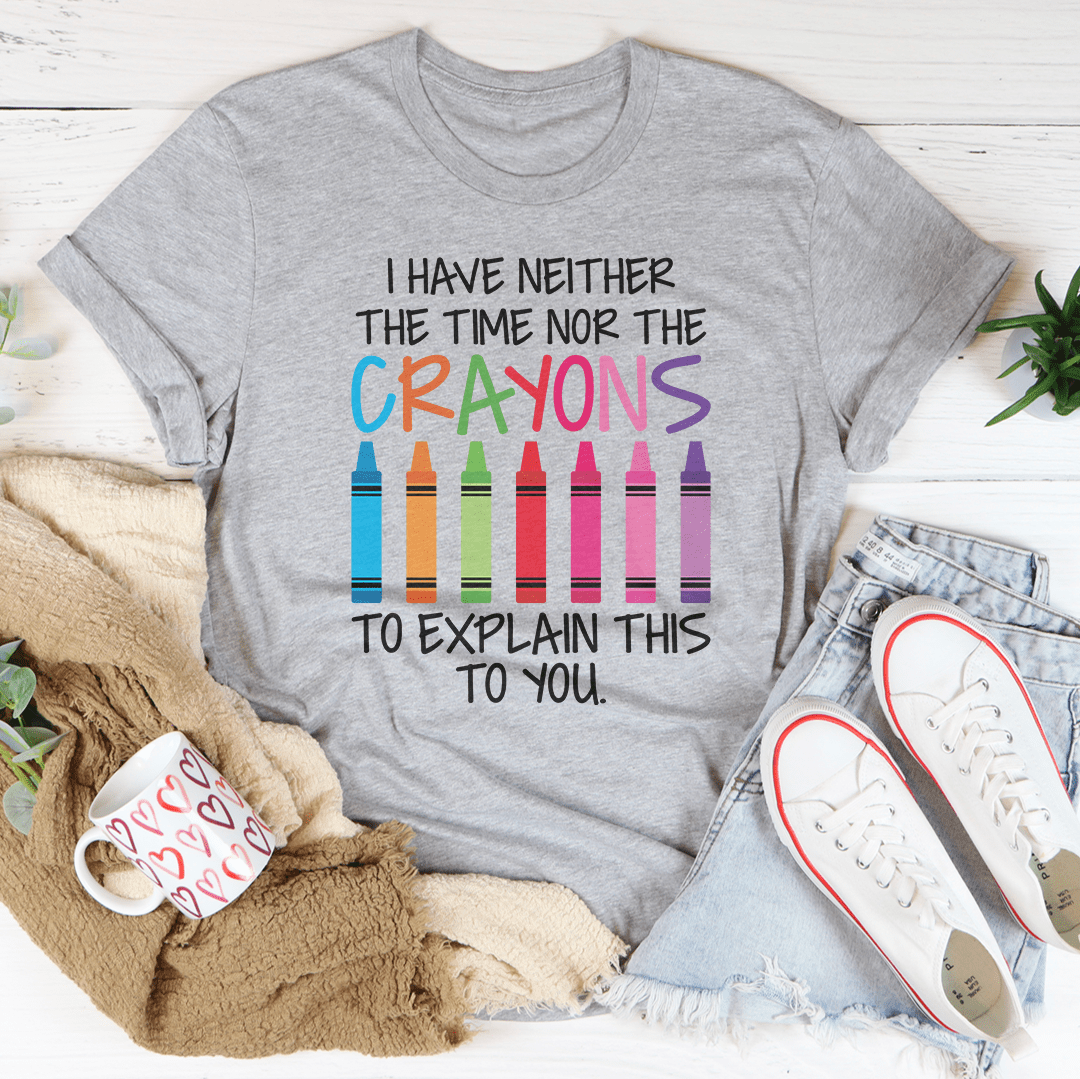 Gray crew-neck T-shirt with colorful crayon-style lettering graphic centered on front