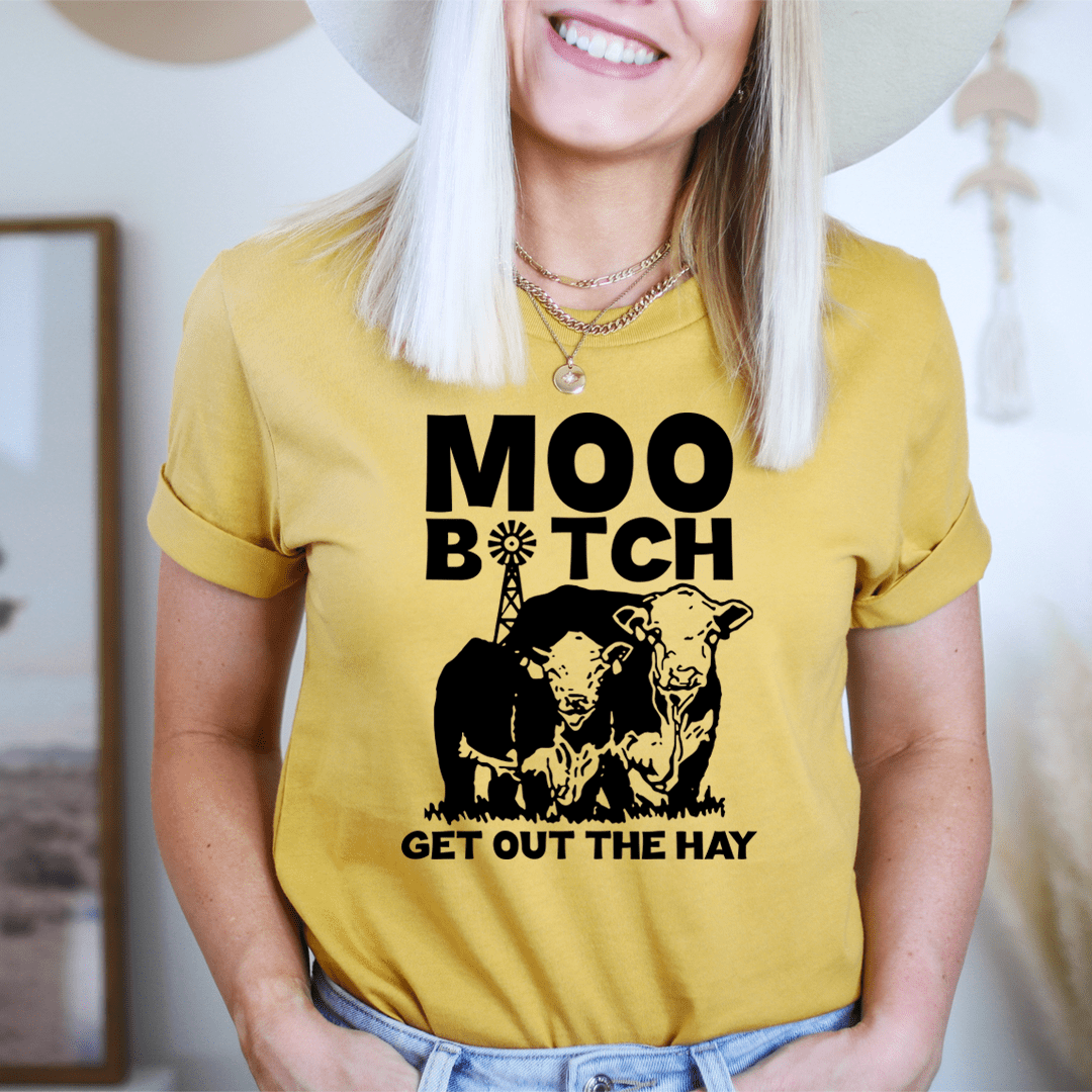 Yellow T-shirt with black cow graphic and 'GET OUT THE HAY' text.