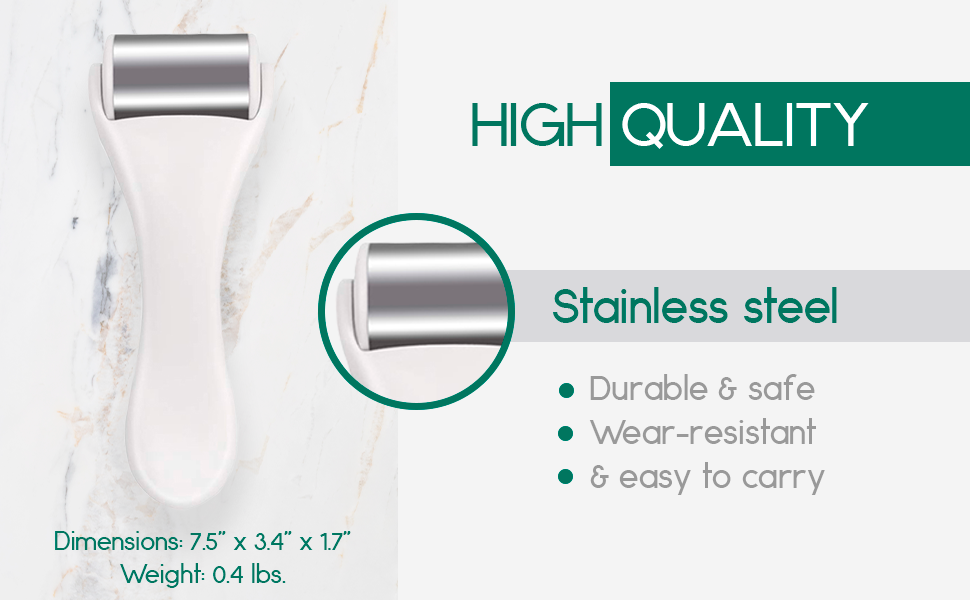 Body massage ice roller with stainless steel roller head on white frame