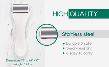 Body massage ice roller with stainless steel roller head on white frame
