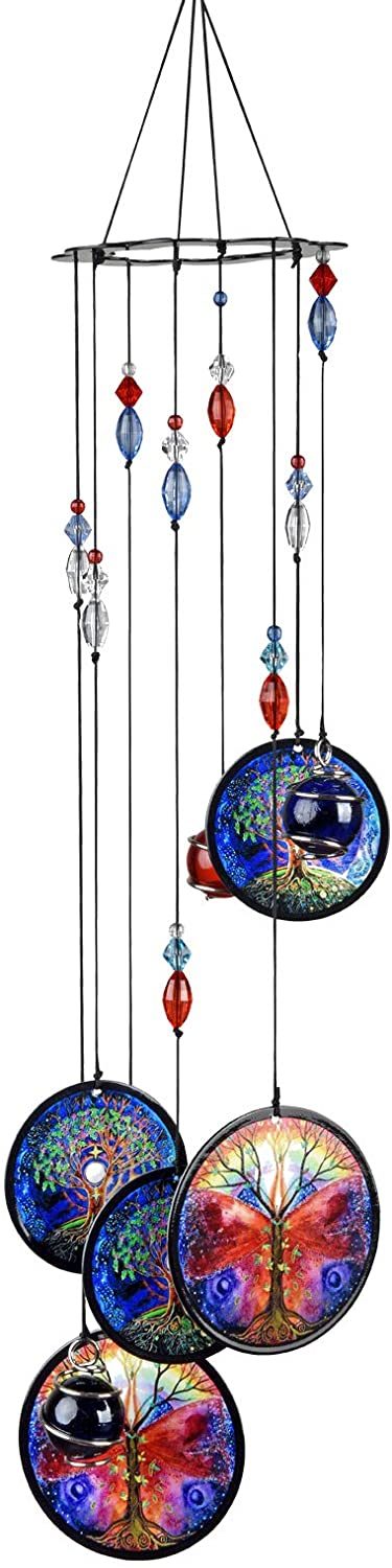 Blue metal wind chime with Tree of Life discs and red/blue crystal beads