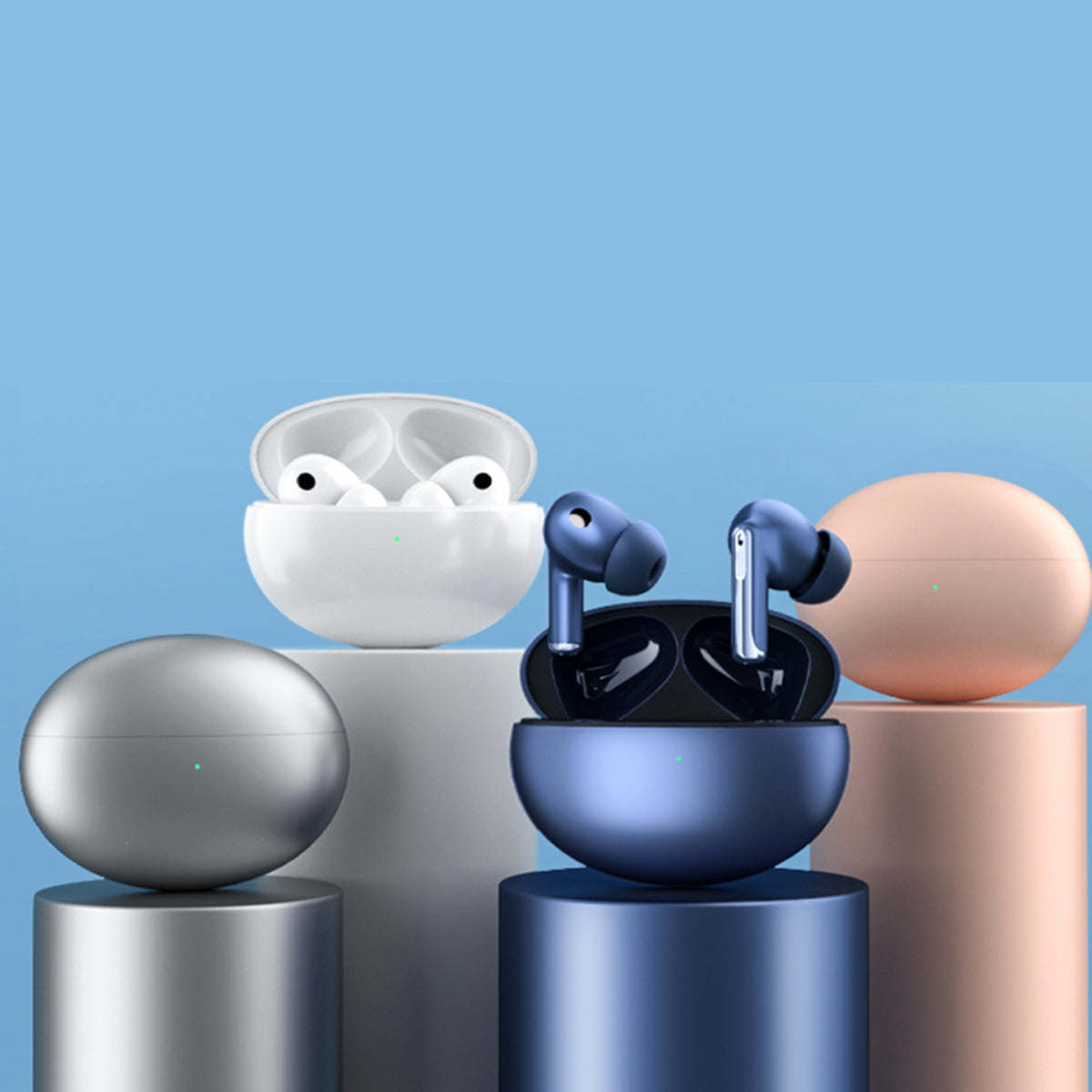 Assorted wireless earbuds on charging cases in white, dark blue, pink, and gray