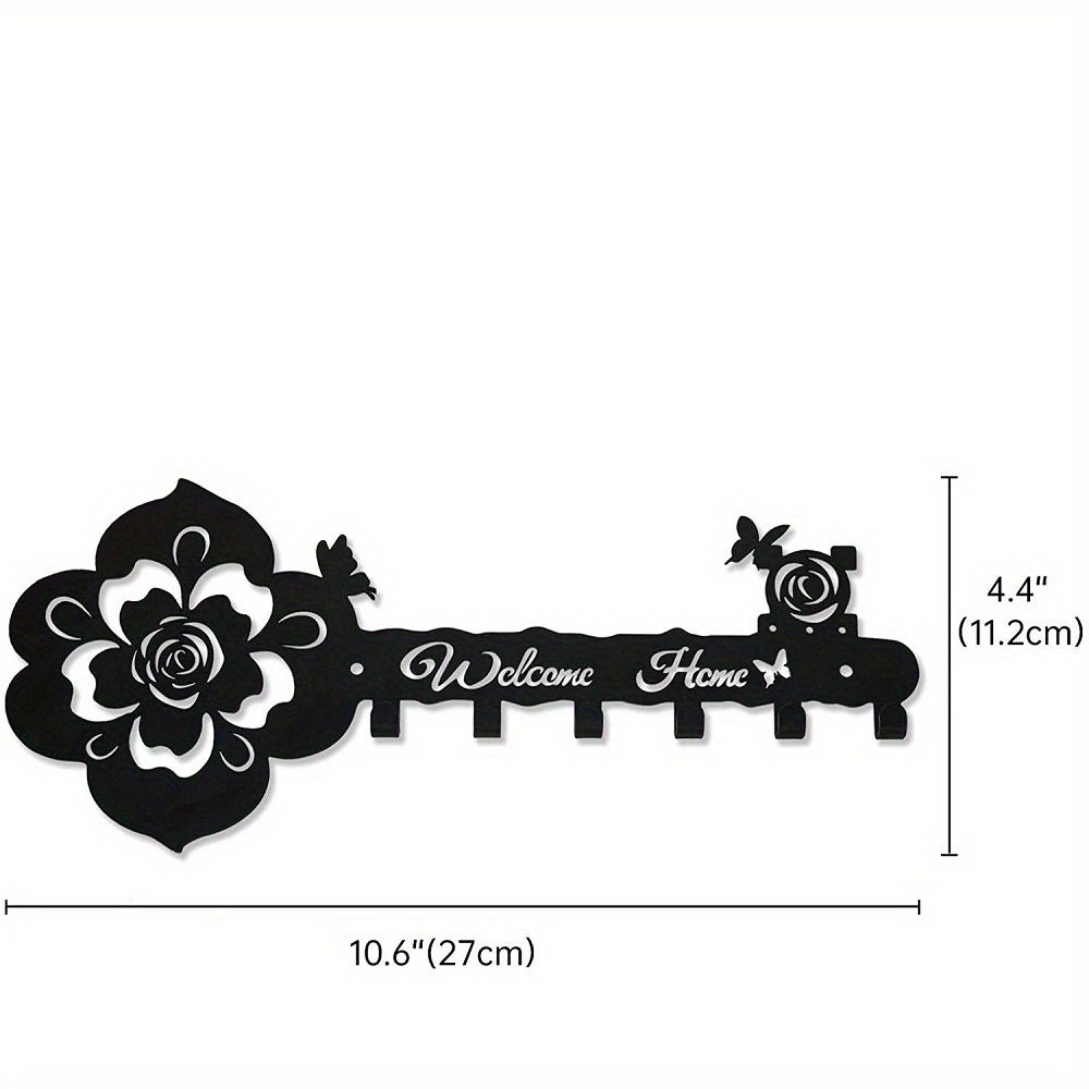 Black rose and butterfly key hanger with “Welcome Home” design and 5 hooks