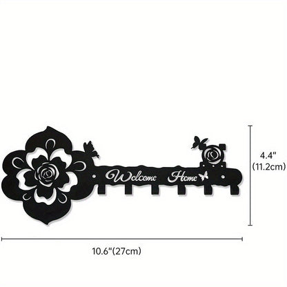 Black rose and butterfly key hanger with “Welcome Home” design and 5 hooks