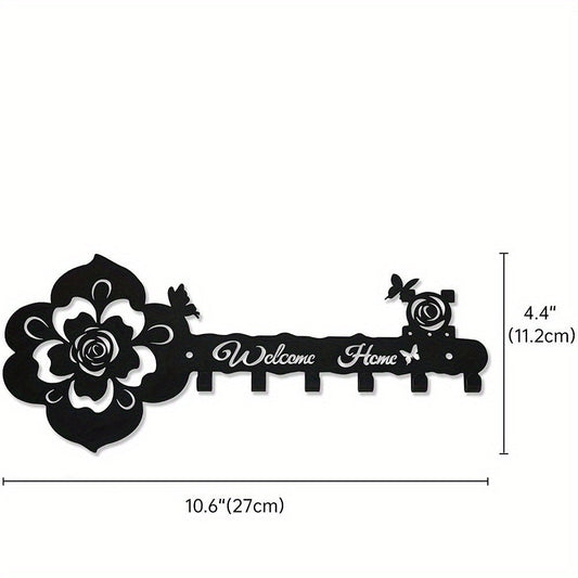 Black rose and butterfly key hanger with “Welcome Home” design and 5 hooks