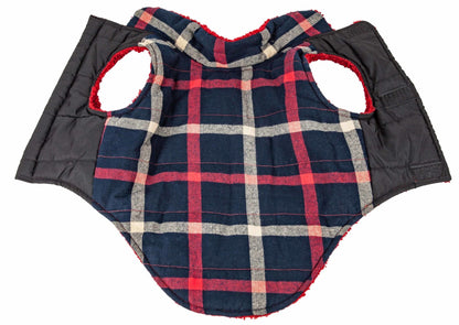 Hooded insulated dog coat with plaid front panels and black outer shell