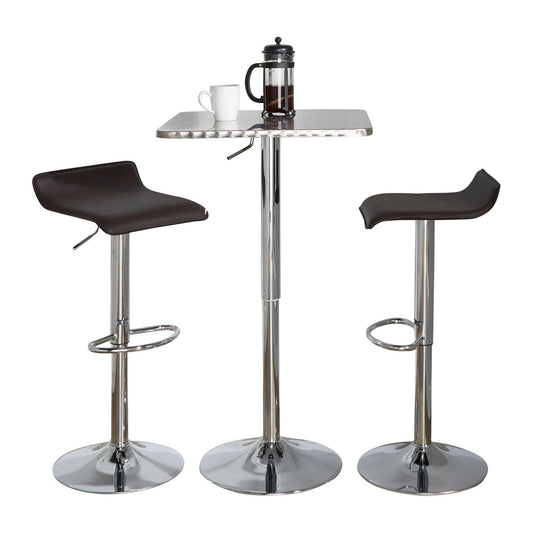 Bistro Square-Ale Contemporary Adjustable Bar Set in Silver and Chrome Metal with Brown PVC and Oval Footrest by - 3 Piece