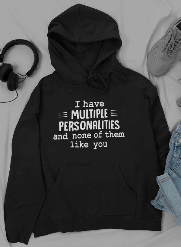 Black pullover graphic hoodie with kangaroo pocket and drawstring hood