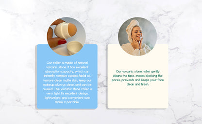 White face roller with beige stone end shown in a skincare use layout