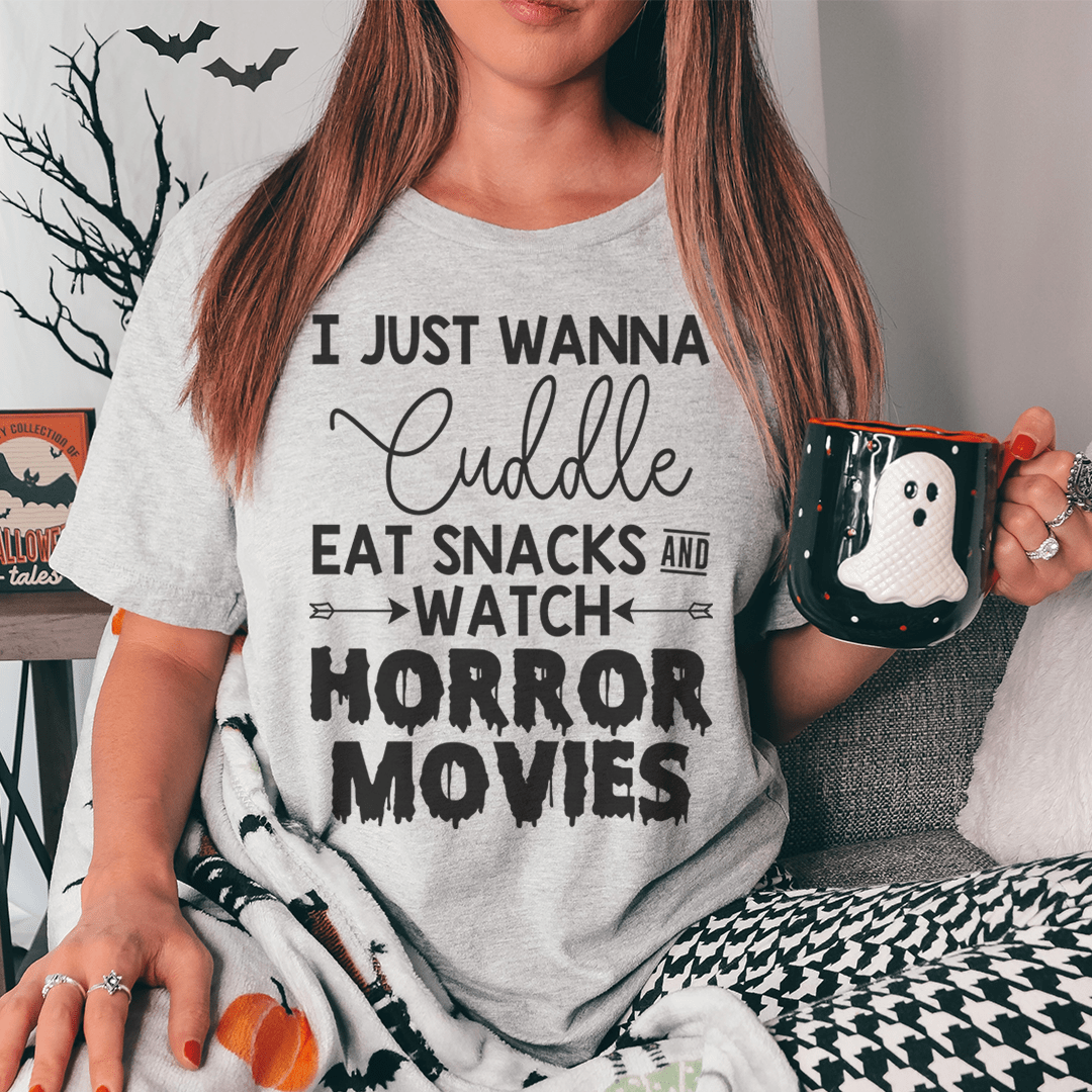 Heather gray graphic crewneck T-shirt with cuddle snacks watch horror movies print