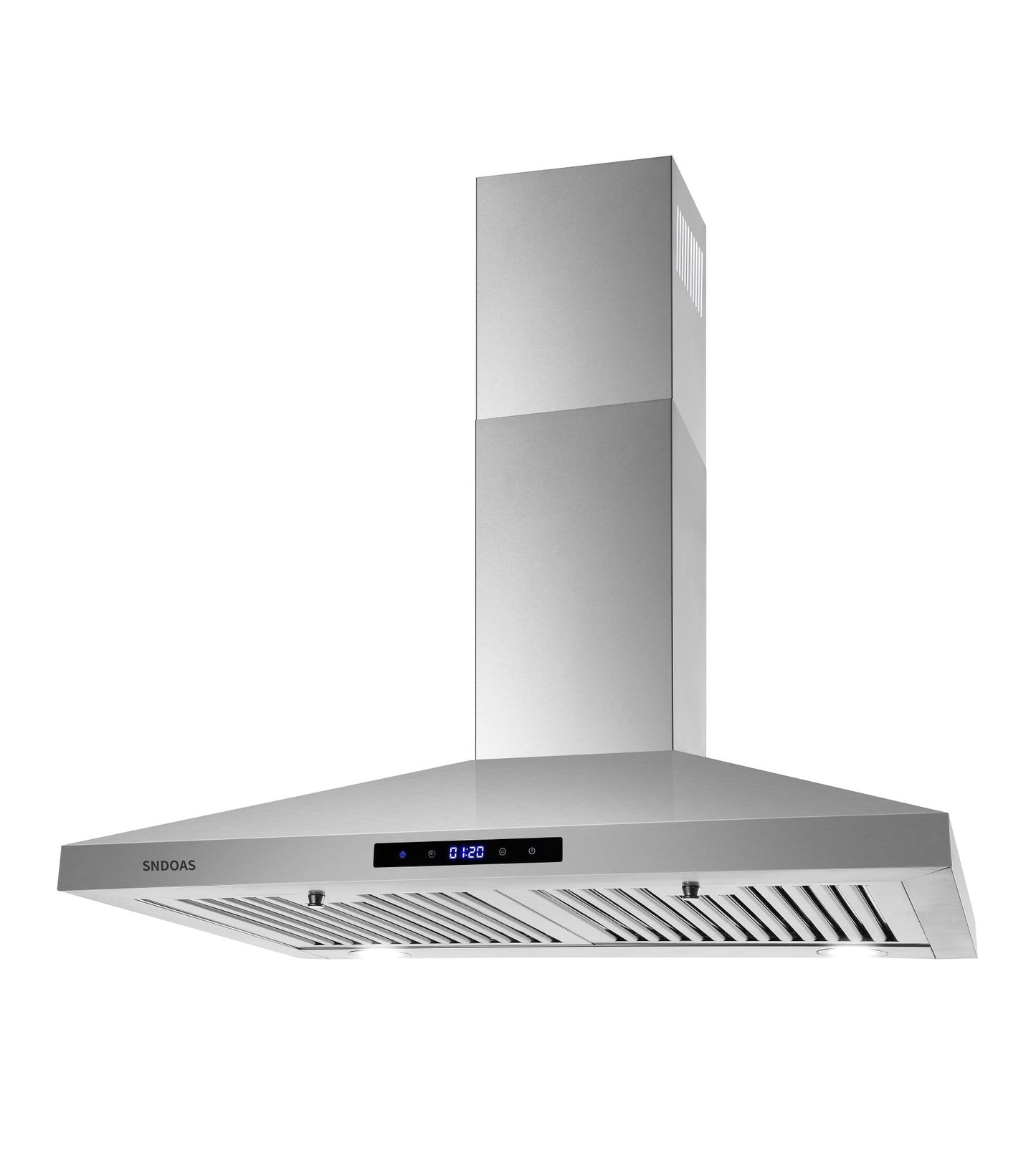 Stainless steel wall-mounted range hood with side chimney cover and vent panels
