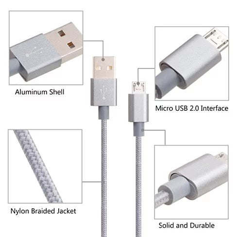 Charging cable set with aluminum ends, Micro USB 2.0 connector, braided jacket.