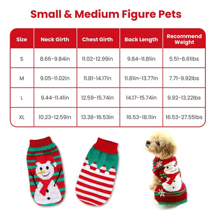 Pet Christmas sweaters shown together: snowman knit design and red-white striped style