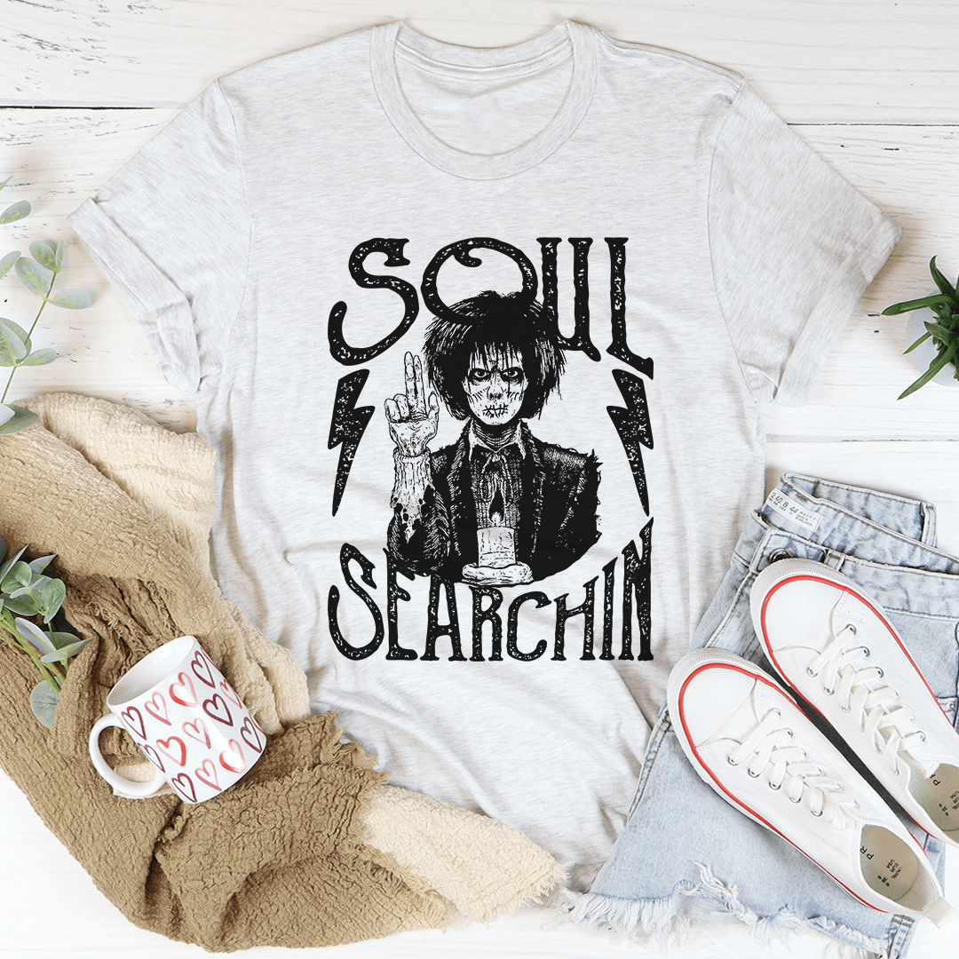 Gray crewneck Halloween T-shirt with black Soul Slarchlin skull front graphic