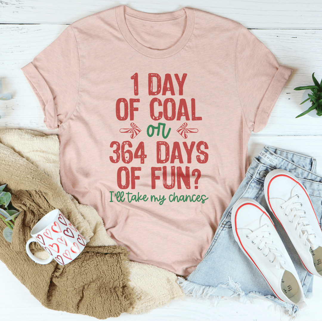 Mauve pink T-shirt with crew neck and red/green '1 day of coal' graphic