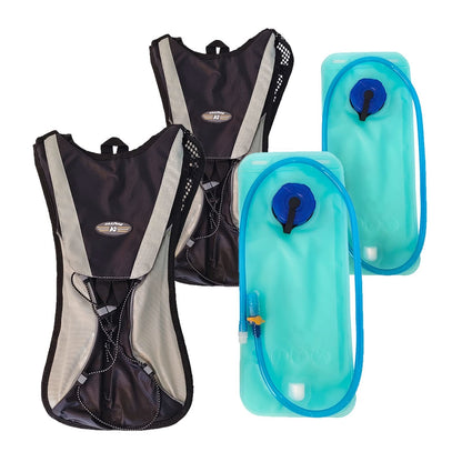 2-pack hydration backpacks with black mesh panels and aqua 2L water bladders