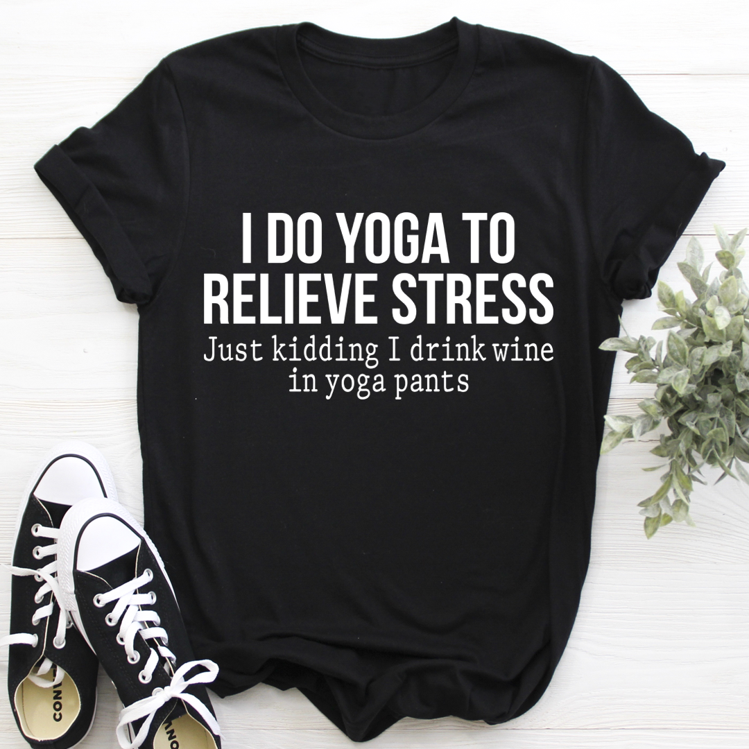 Black crewneck yoga slogan T-shirt with front print: "I DO YOGA TO RELIEVE STRESS"