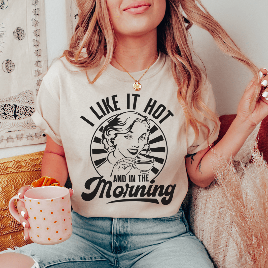 Soft cream T-shirt with I Like It Hot and in the Morning logo graphic, crew neck