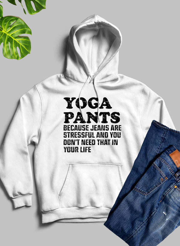 Light gray yoga pants graphic hoodie with kangaroo pocket and drawstring hood