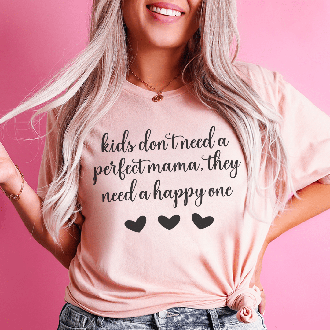 Light mauve graphic t-shirt with slogan text and three heart icons