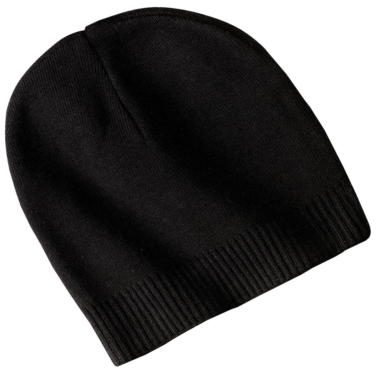 Black cotton beanie with ribbed knit cuff and seamless knit body.