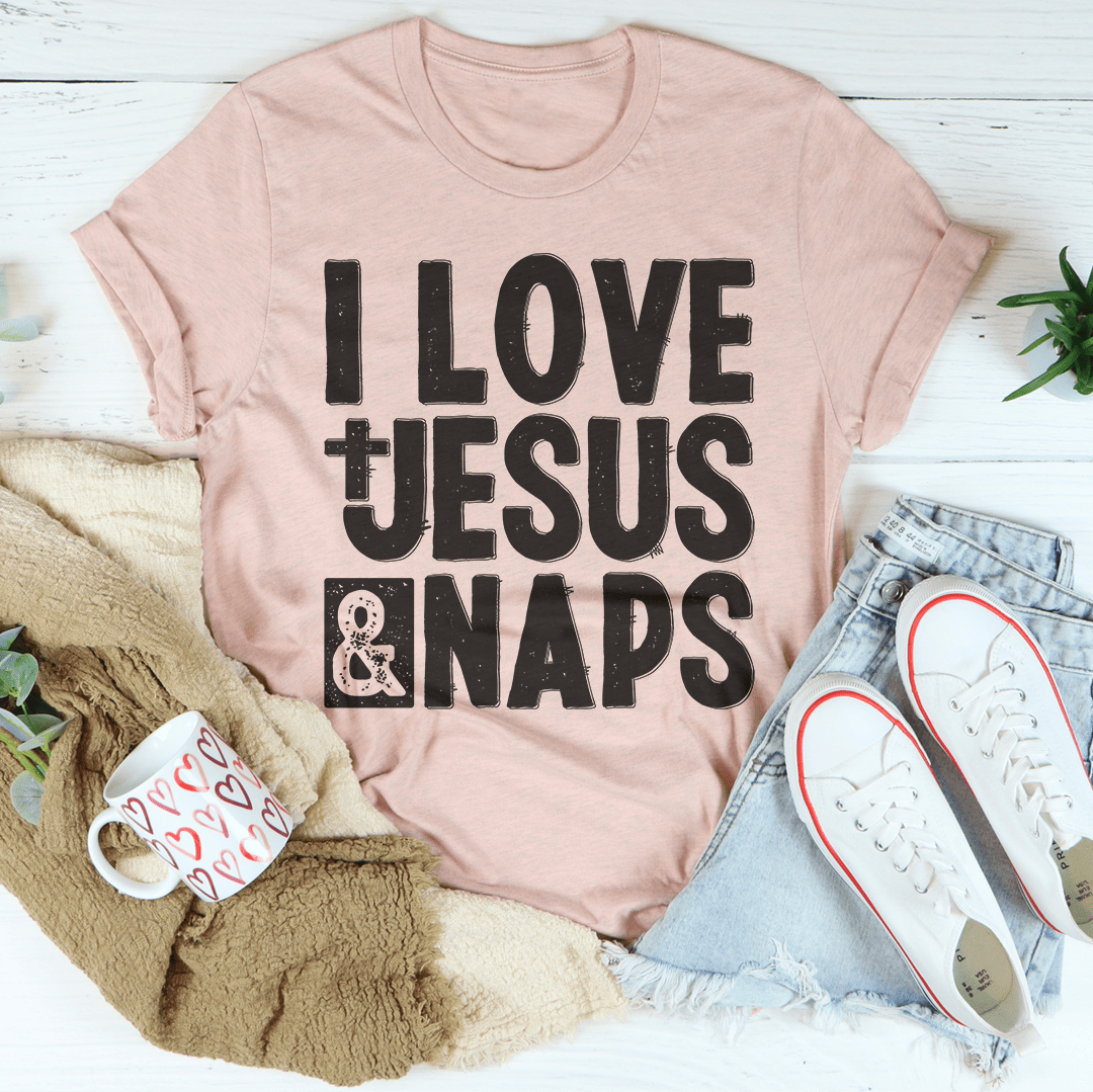 Mauve short-sleeve T-shirt with 'I LOVE JESUS & NAPS' crew-neck graphic