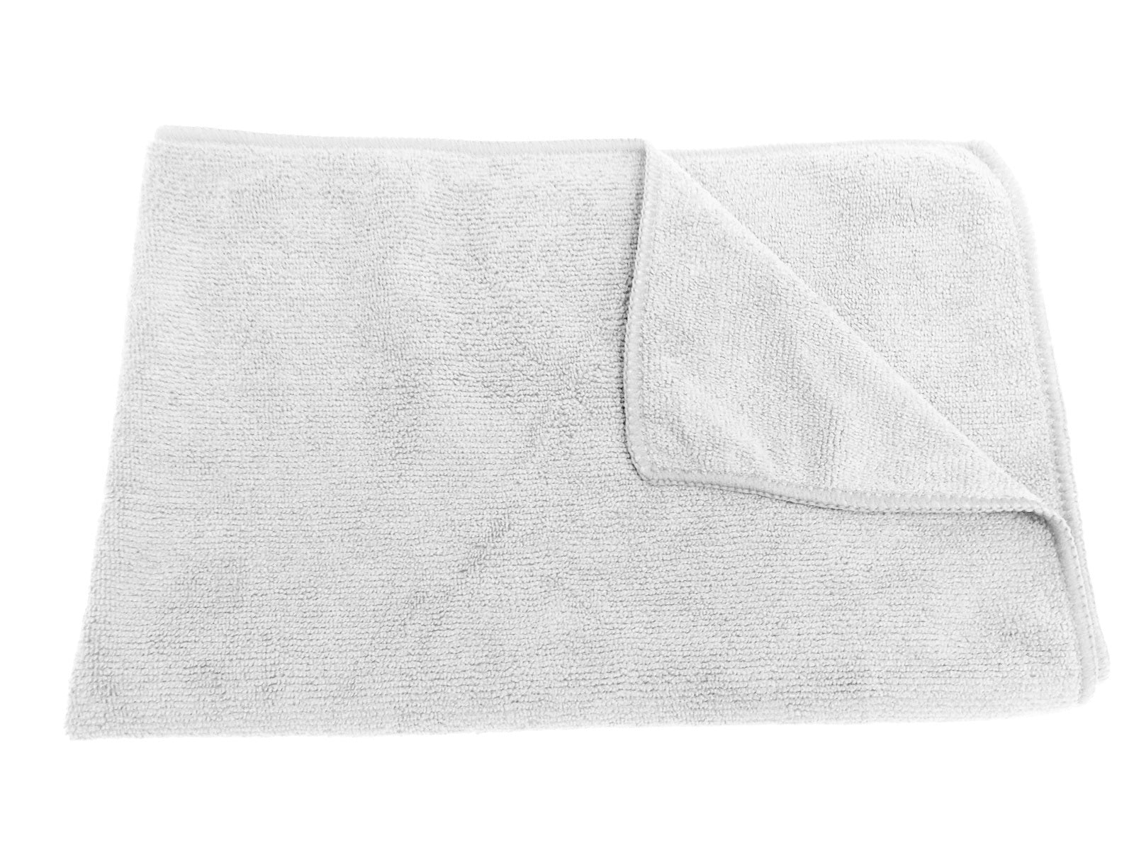 Light gray microfiber hair towel, folded with stitched edge and flap